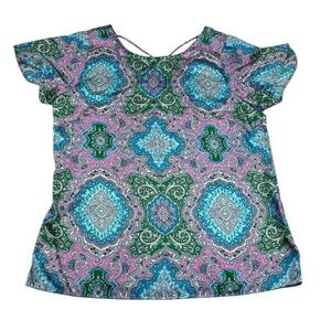 Talbots Blouse Paisley Colorful Criss Cross Back Lightweight Top Short Sleeve PM
